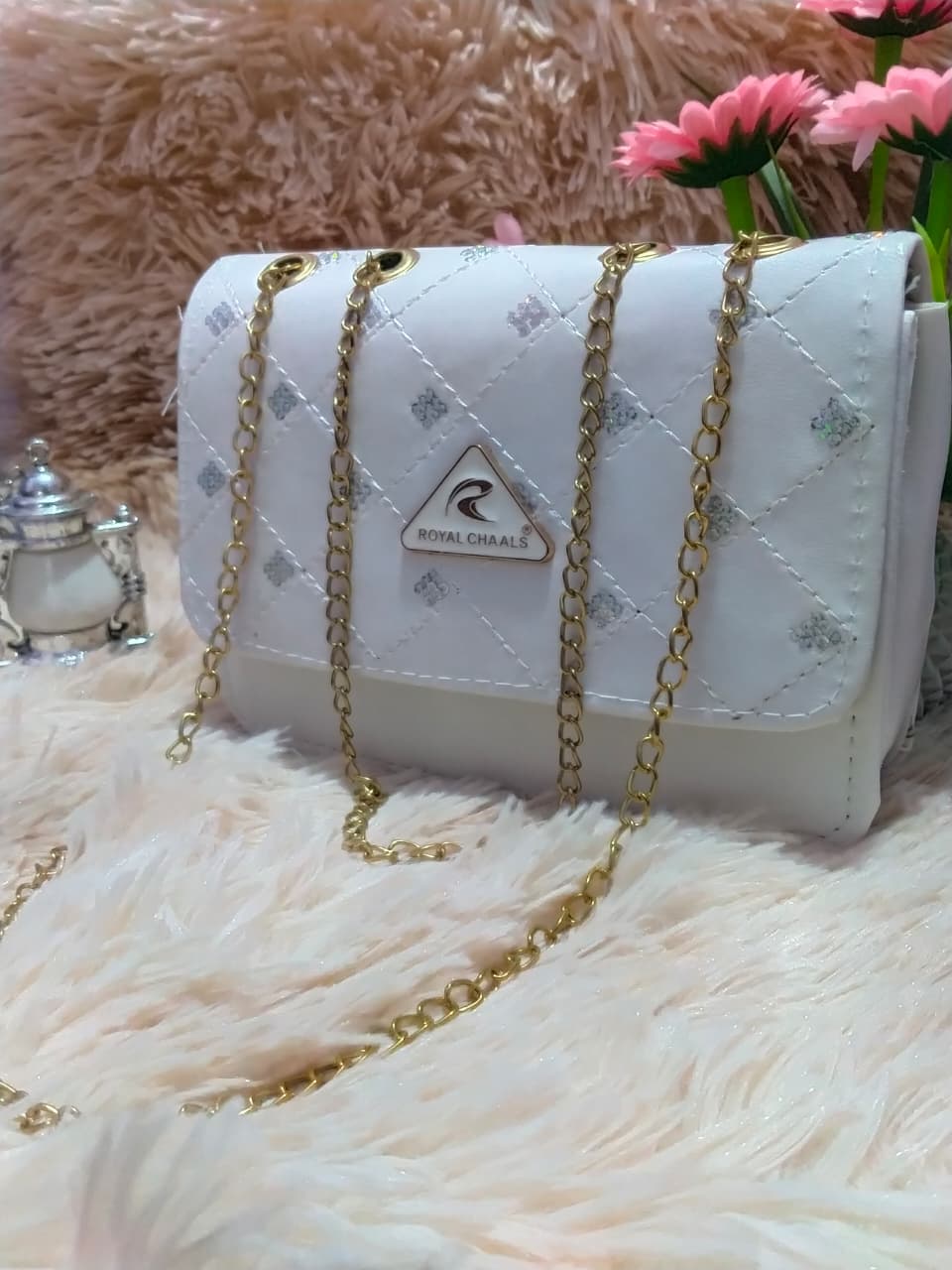 Royal Chaals Chain Sling Bag white